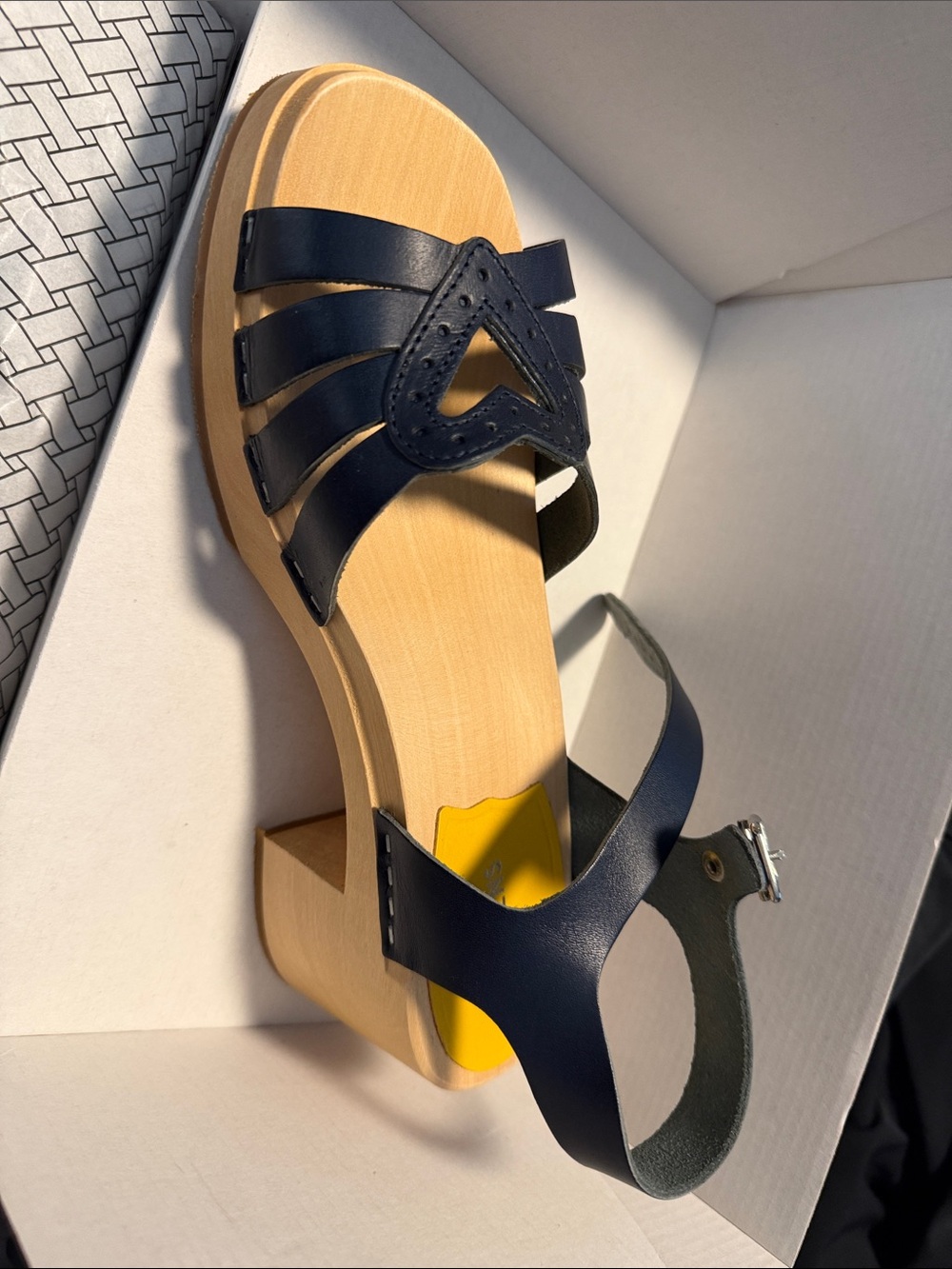 Swedish Hasbeens Navy Leather Slingback Clog with Wood-Effect Heel